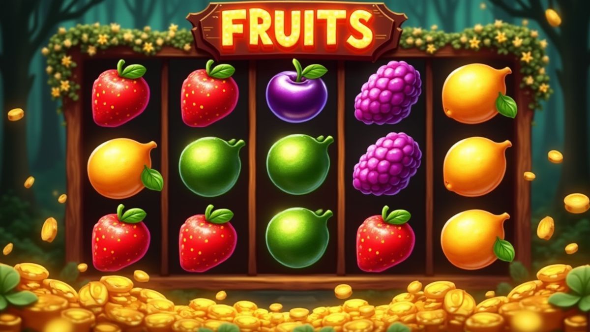 Pantalla de tragamonedas vibrante con frutas coloridas y tréboles dorados
