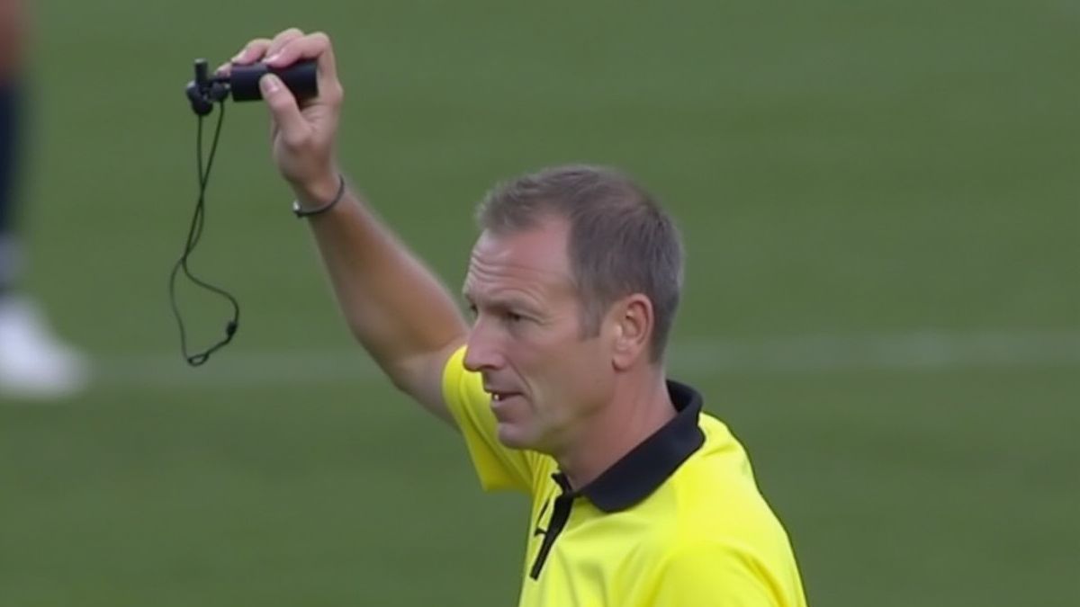 Árbitro segurando um apito em um campo de futebol