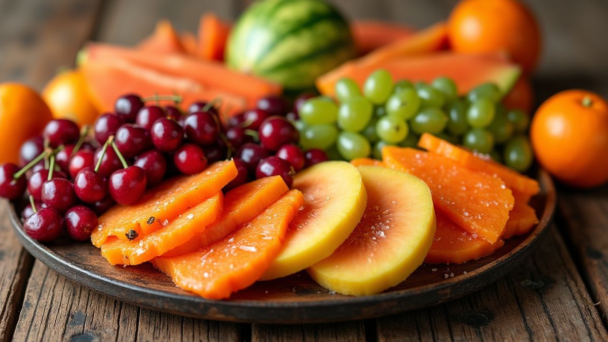 Frutas coloridas como cerezas, melones y naranjas en una mesa de madera.