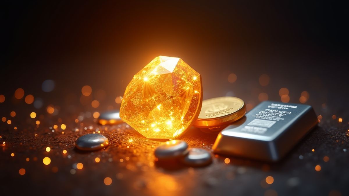 Un diamante brillant, des pièces d'or et une barre de platine entourés de scintillements.