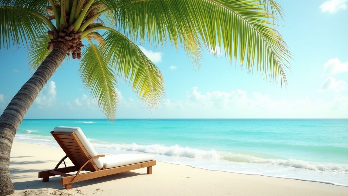 Silla de playa bajo una palmera con olas suaves de fondo.