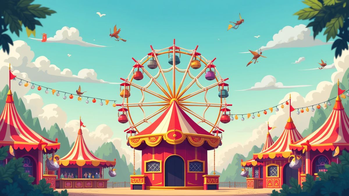 Illustratie van een carnaval vol kleur en draaiende wielen.