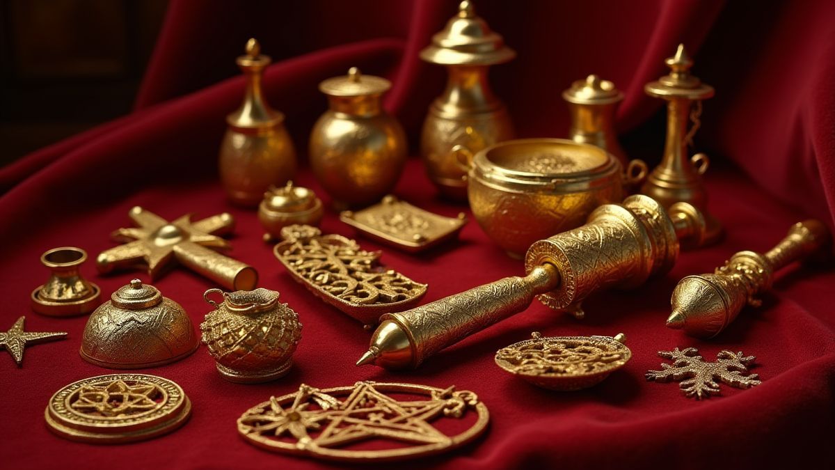 Artefactos mágicos dorados dispuestos sobre una mesa de terciopelo.