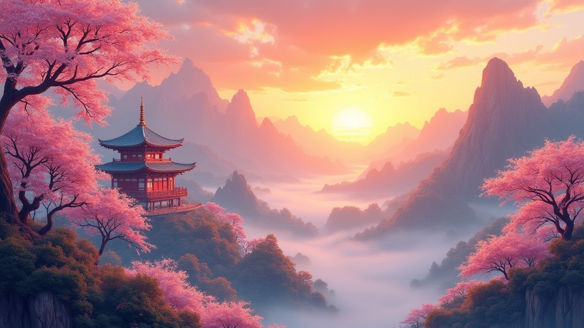 Paysage oriental avec montagnes, temples et cerez en fleur sous un coucher de soleil doré.
