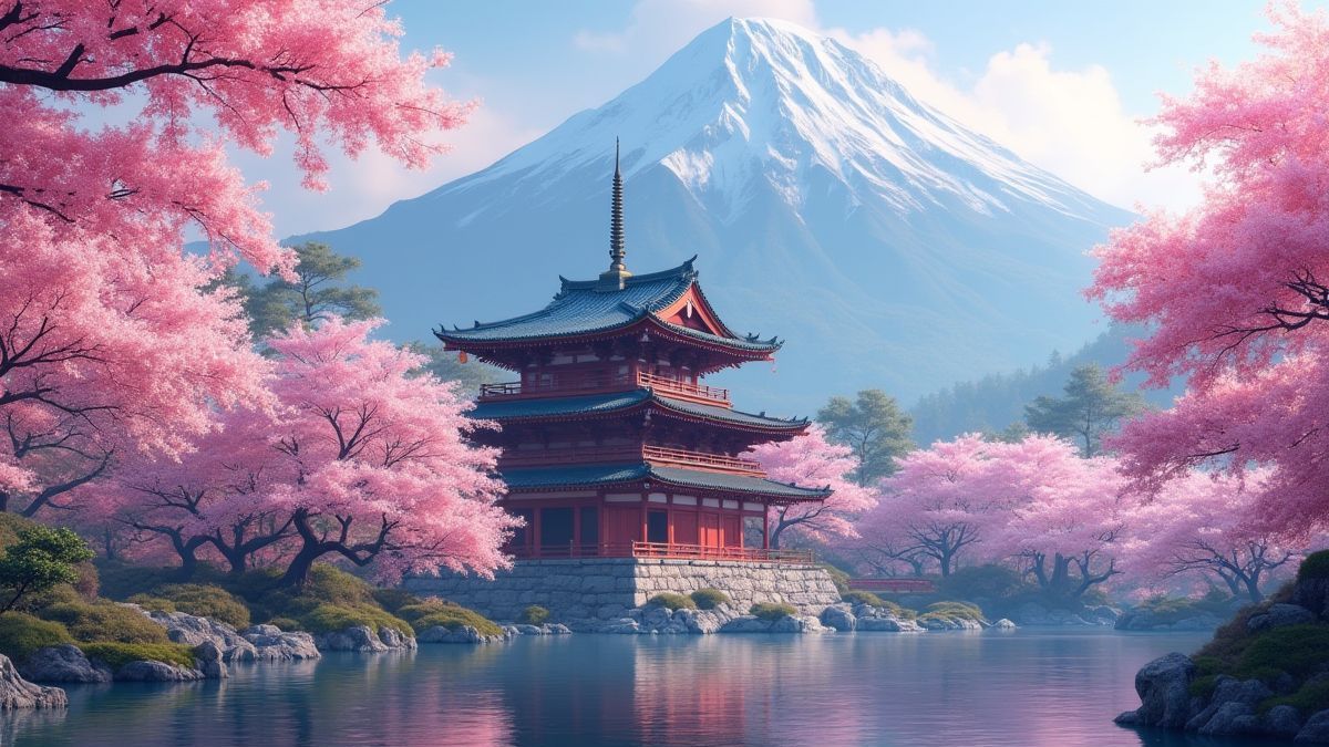 Temple entouré de cerez en fleur avec montagnes magiques en arrière-plan.