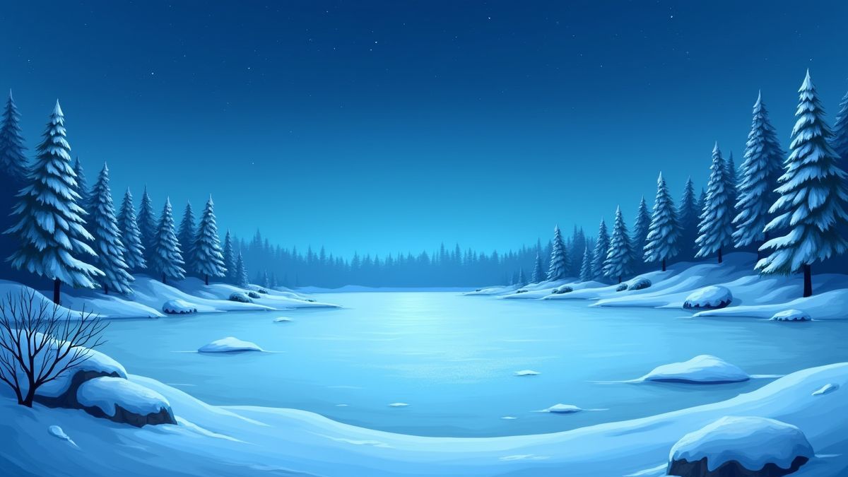 Lago congelado rodeado de árboles cubiertos de nieve bajo un cielo estrellado.