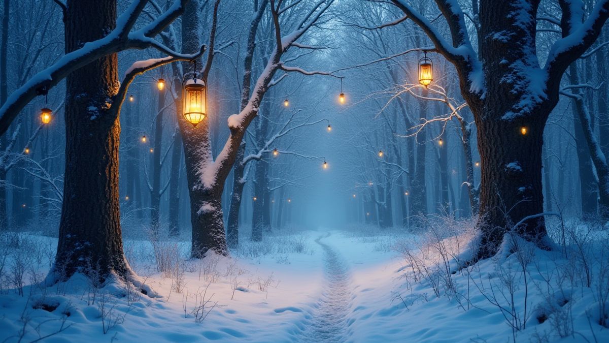 Bosque nevado con linternas brillantes colgando de los árboles.