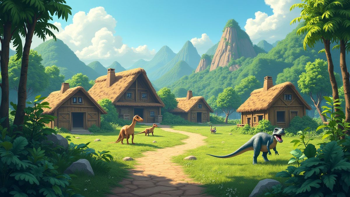 A prehistoric village surrounded by dinosaurs.