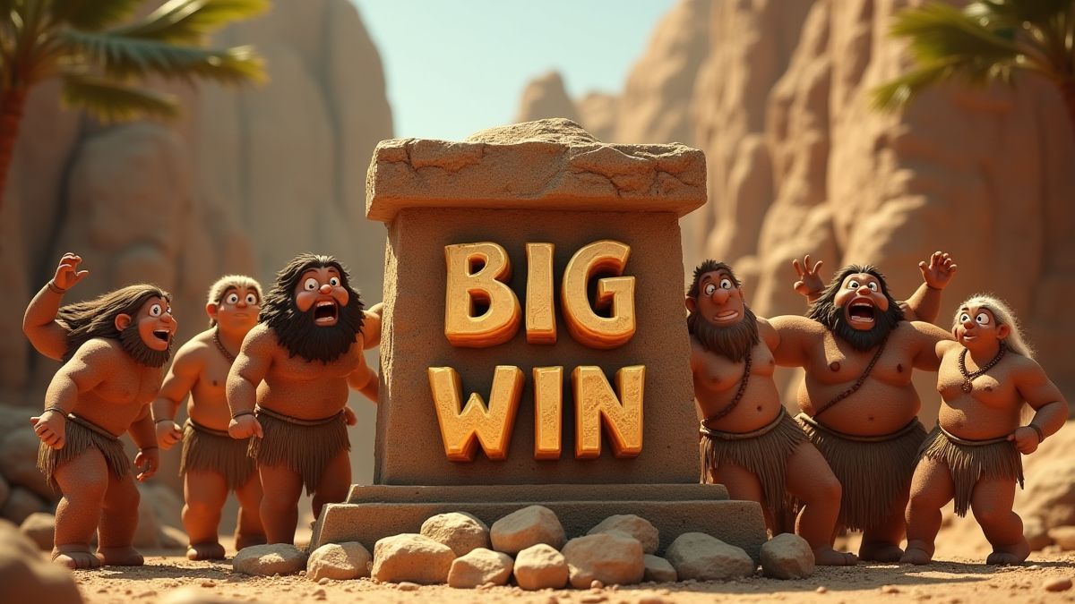 Cavemen celebrating a big win at a stone machine.