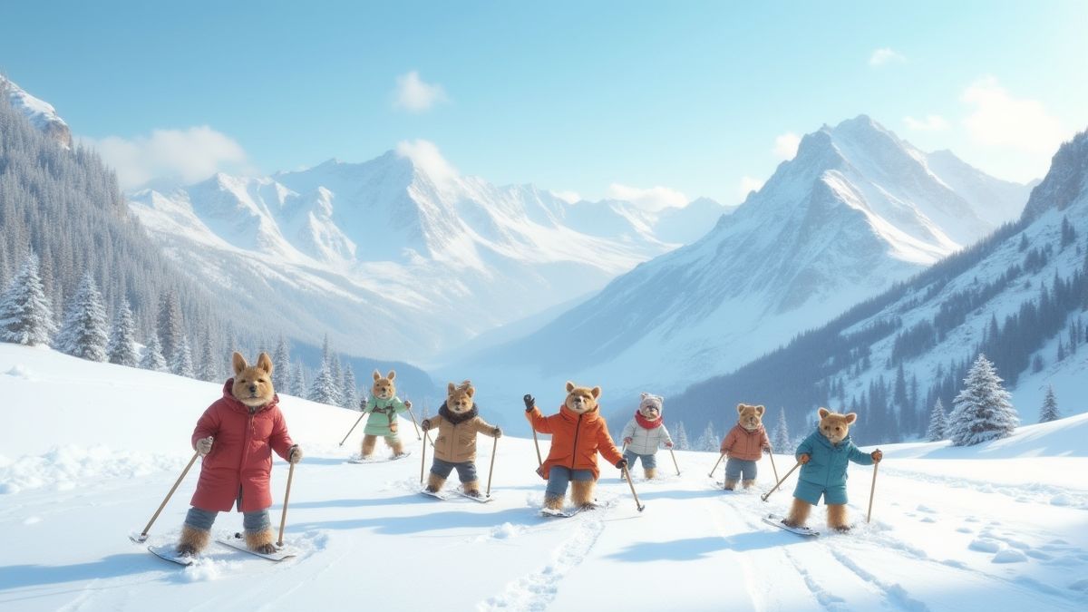 Paisaje montañoso nevado con animales atletas compitiendo.