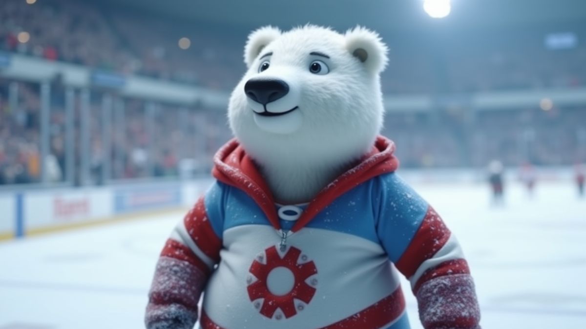 Oso polar animado jugando hockey sobre hielo.