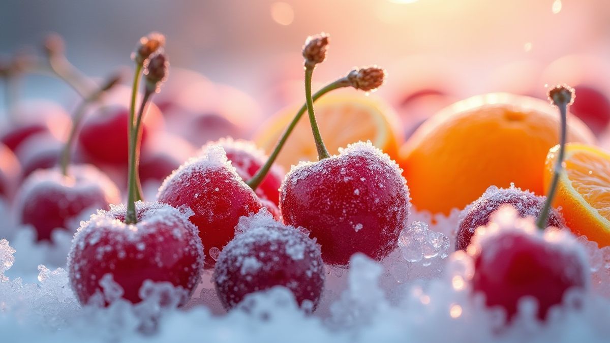 Frozen cherries and oranges with icy effects.