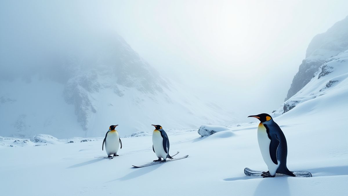 Schneebedeckte Berge mit Pinguinen, die an einem nebligen Wintermorgen Ski fahren.