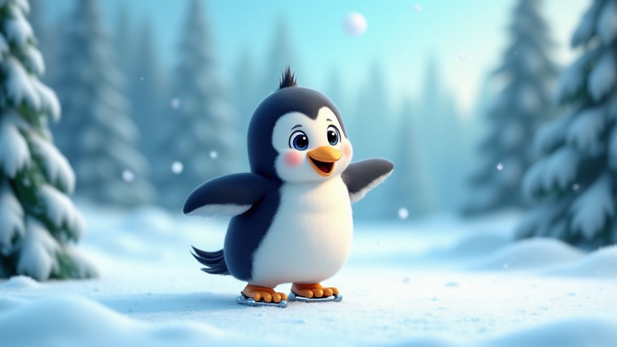 Ein Pinguin, der zwischen schneebedeckten Bäumen Eisläuft.