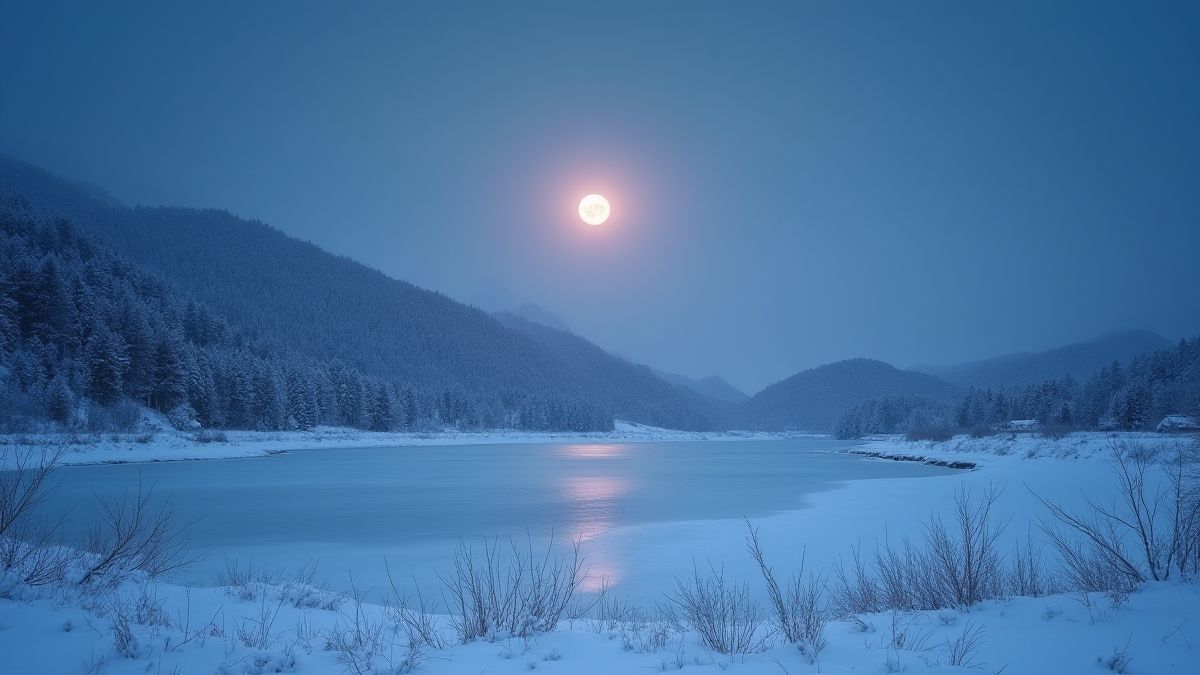 Paisaje nevado con un lago congelado y una luna brillante.