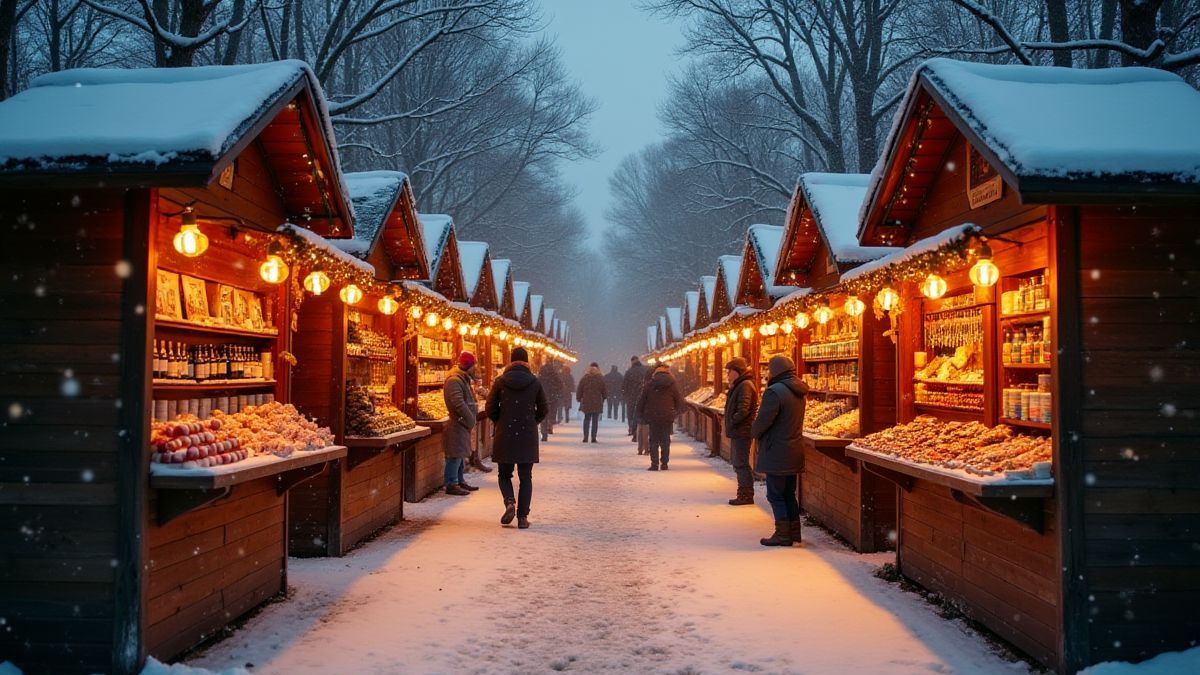 Mercado invernal festivo con puestos de madera y luces.