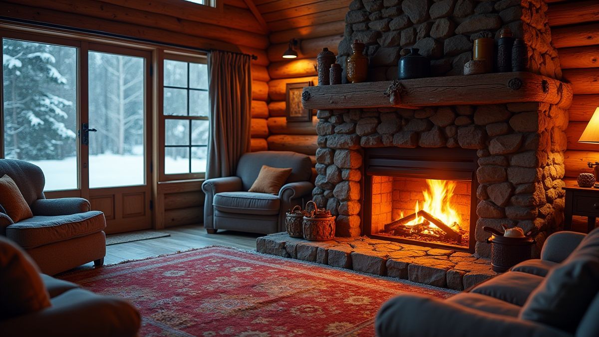 Cabaña acogedora con chimenea y nieve afuera.
