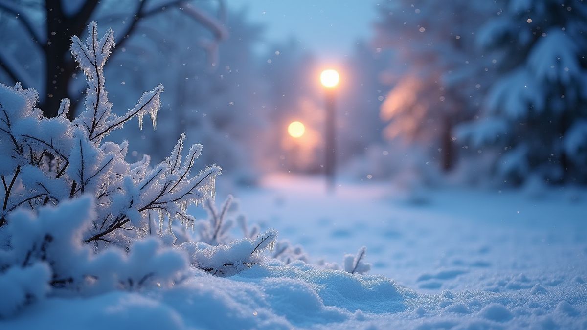 Snowy landscape with icicles and bright lights.