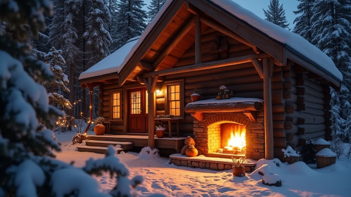 Cozy home with a fireplace inside a snowy cabin.