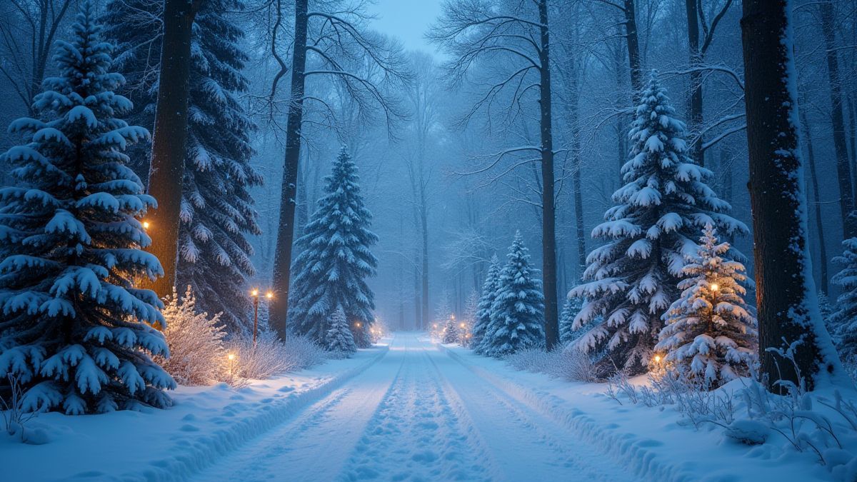 Magical forest with snow-covered trees and bright lights.