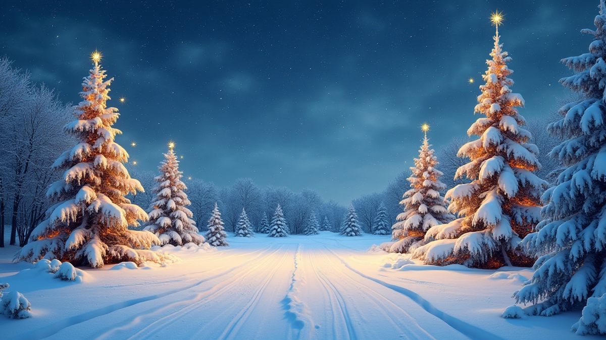 Paysage de Noël avec des arbres décorés et de la neige.