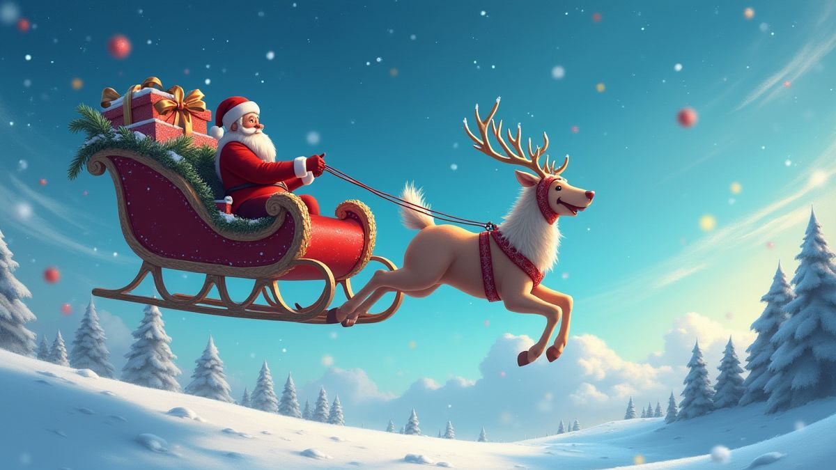 Traîneau volant dans la neige avec des cadeaux festifs.