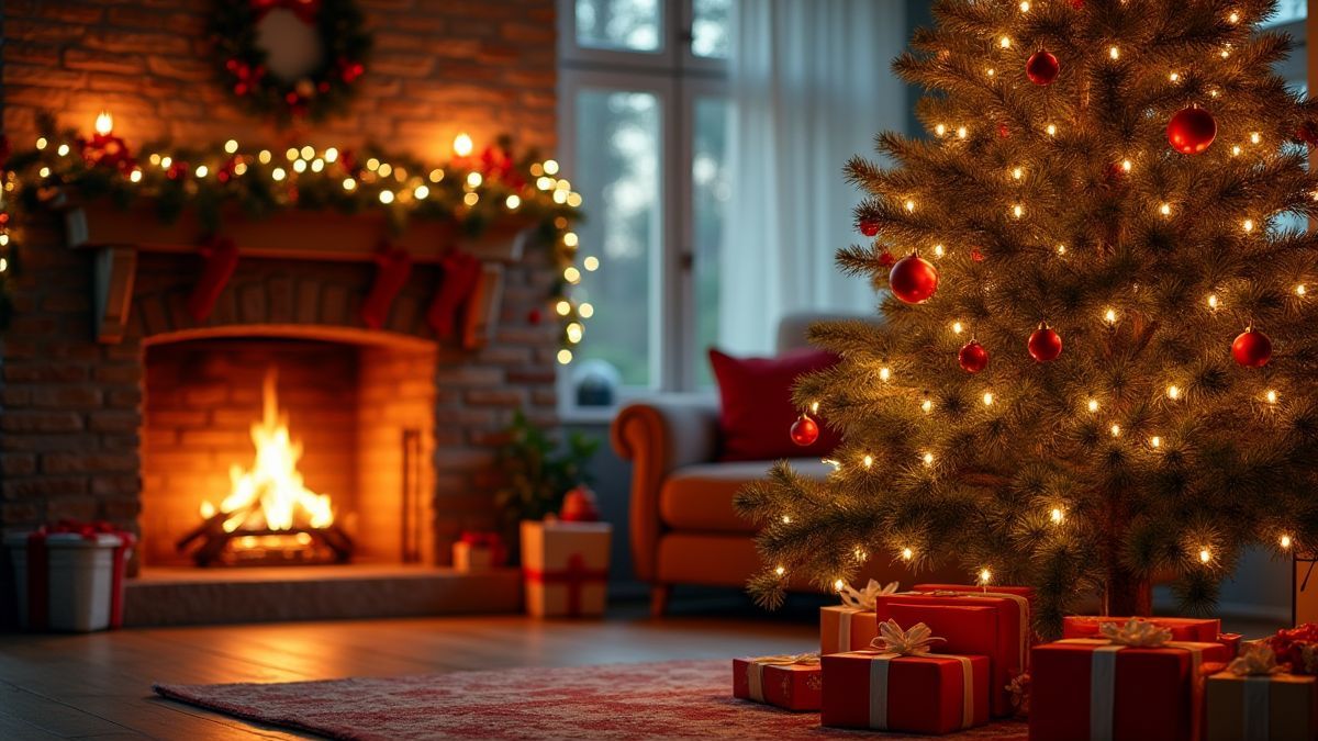 Salon de Noël accueillant avec cheminée et cadeaux.