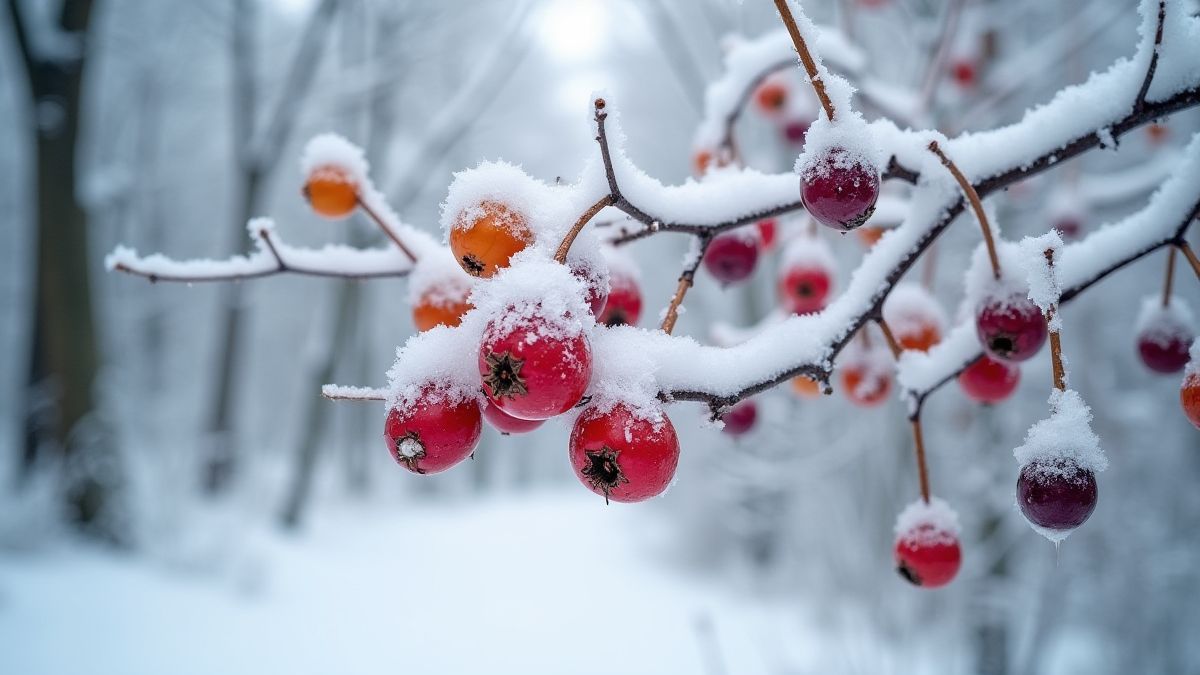Ein verschneiter Wald voller gefrorener, bunter Beeren.