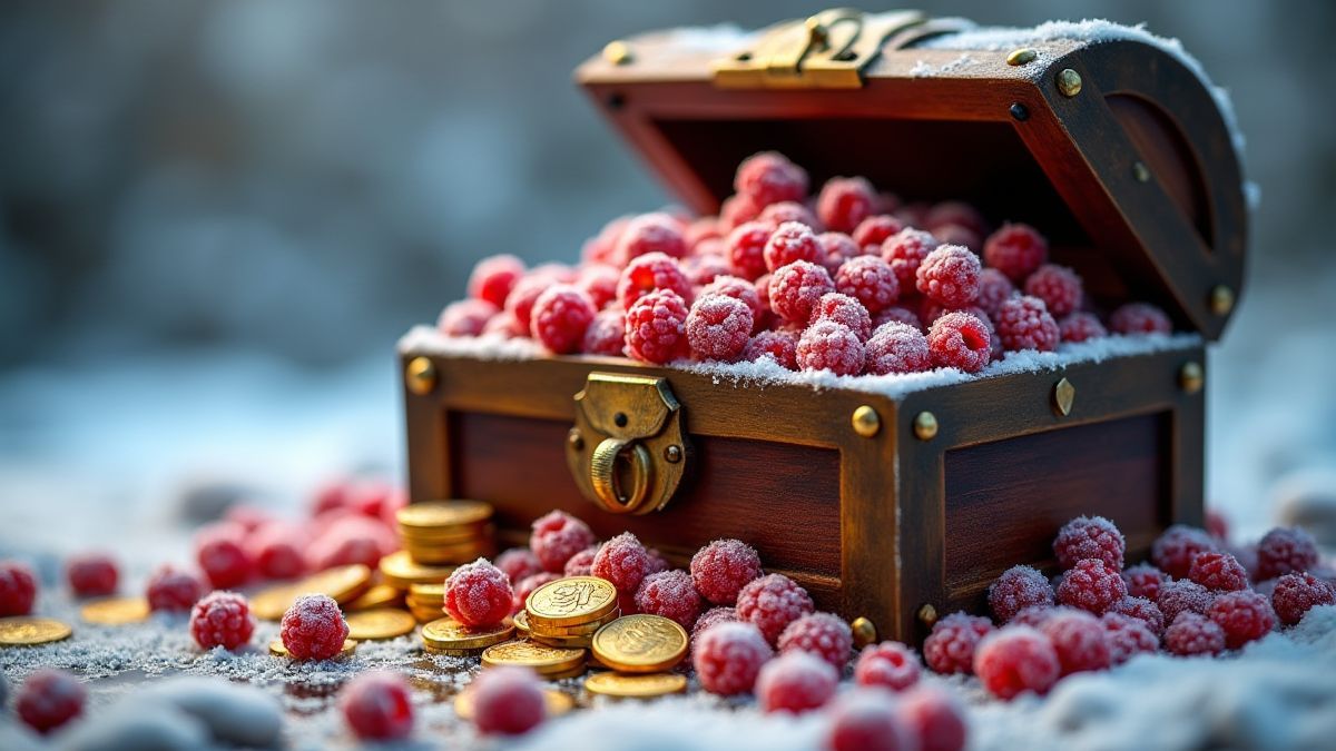 Eine Schatztruhe voller gefrorener Beeren und Goldmünzen.