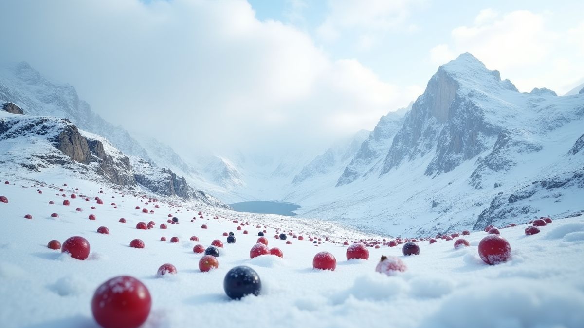 Montanhas nevadas com frutas no chão.