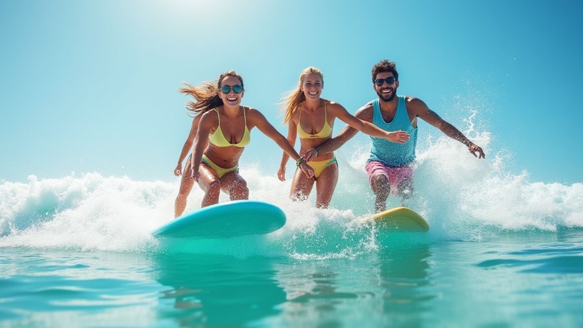 Grupo de personas surfeando olas vibrantes bajo el sol.