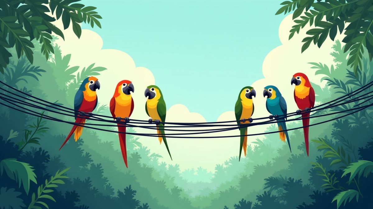Colorful birds perched on electric wires in a jungle setting.