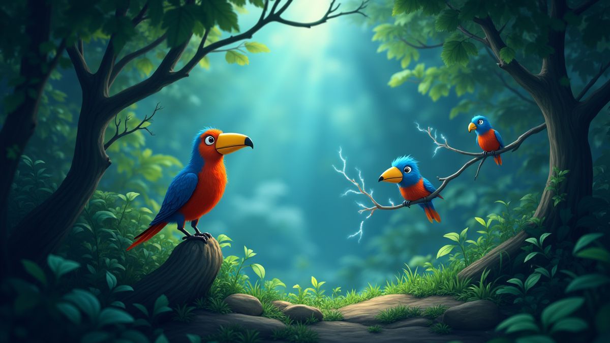 Animated scene of a jungle with colorful birds and electric sparks.
