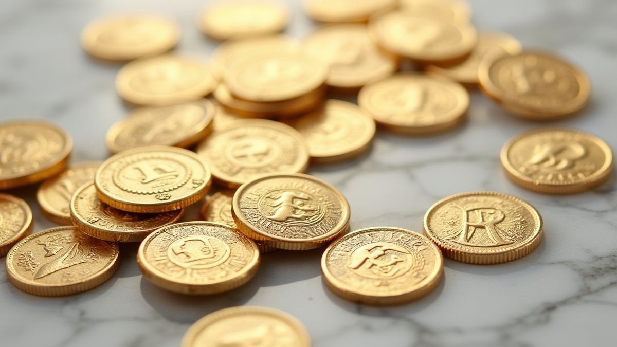Golden coins on Greek marble.