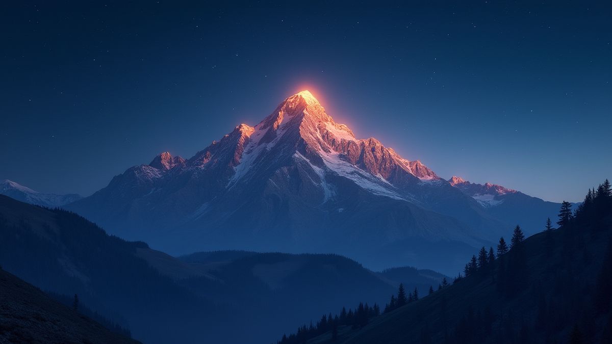 Mount Olympus illuminated at night.