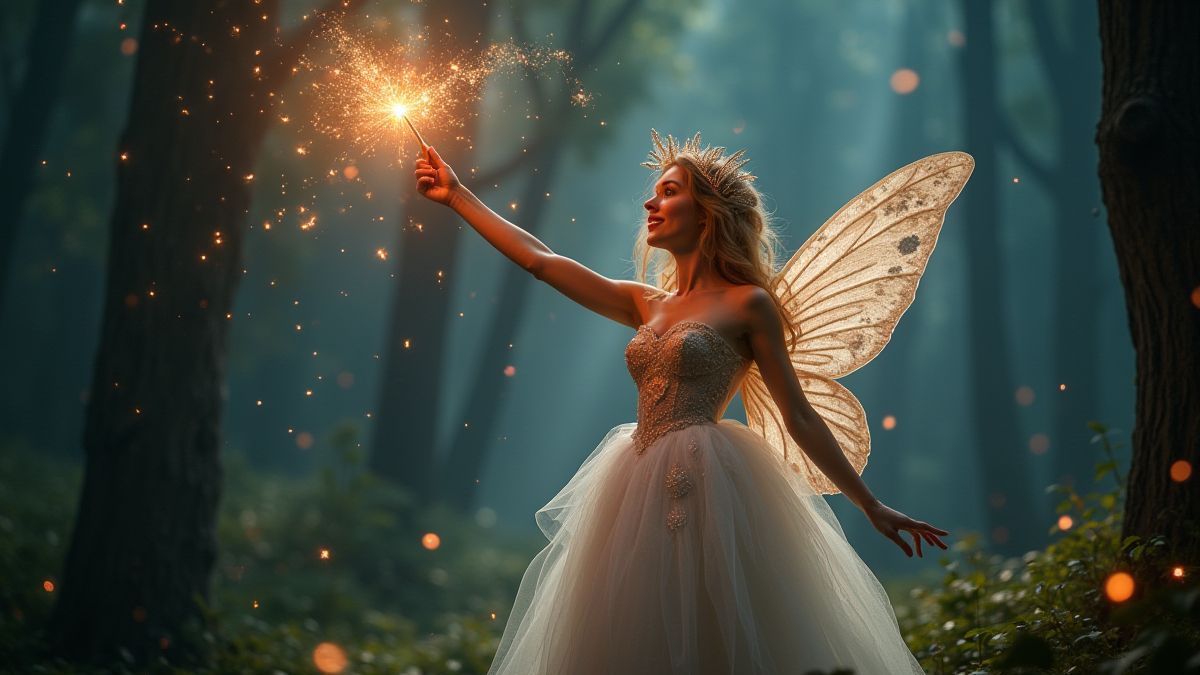 Fada Madrinha com sua varinha em um bosque mágico.