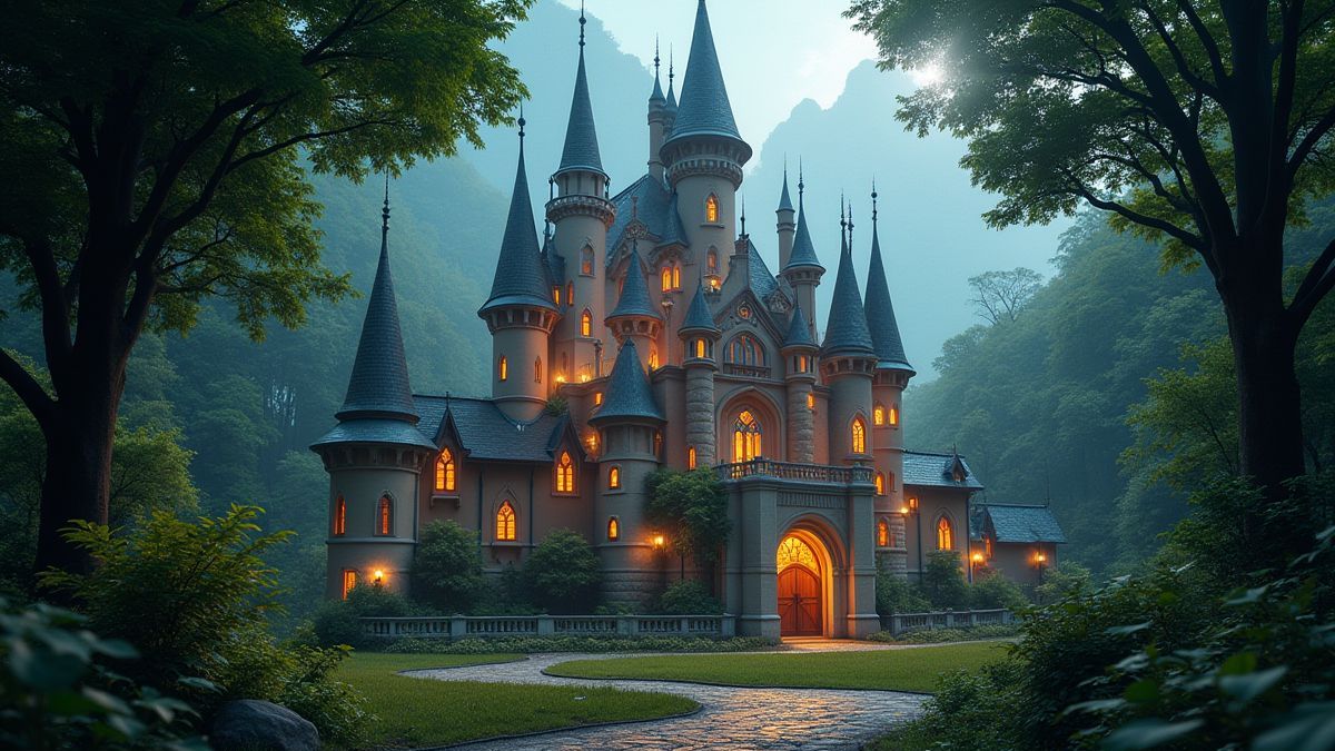 Ein Märchenschloss umgeben von üppigem Grün und funkelnden Lichtern.