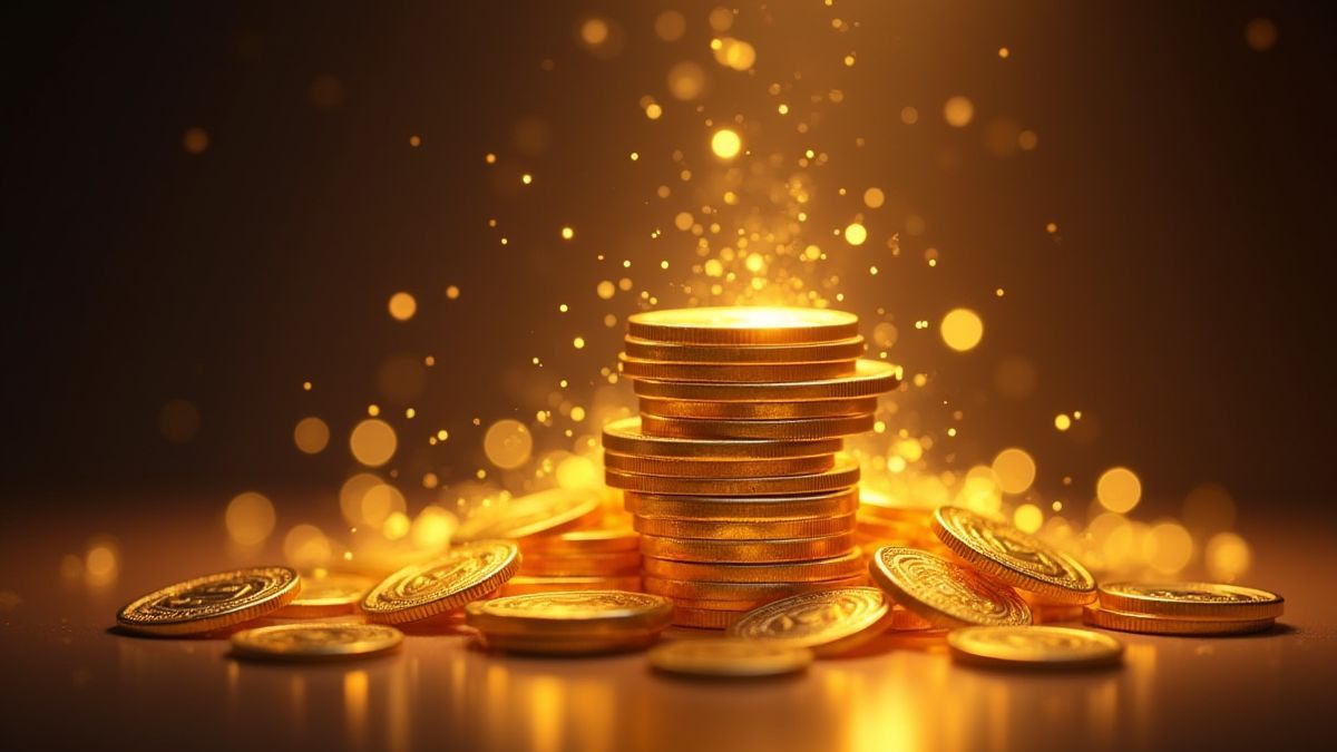 Ein Stapel goldener Münzen, der unter magischen Lichtern funkelt.