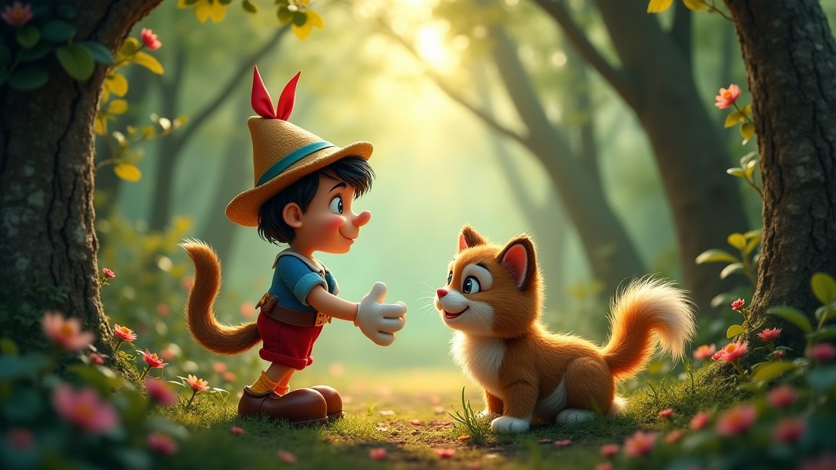 Märchenfiguren wie Pinocchio und der gestiefelte Kater in einem magischen Wald.