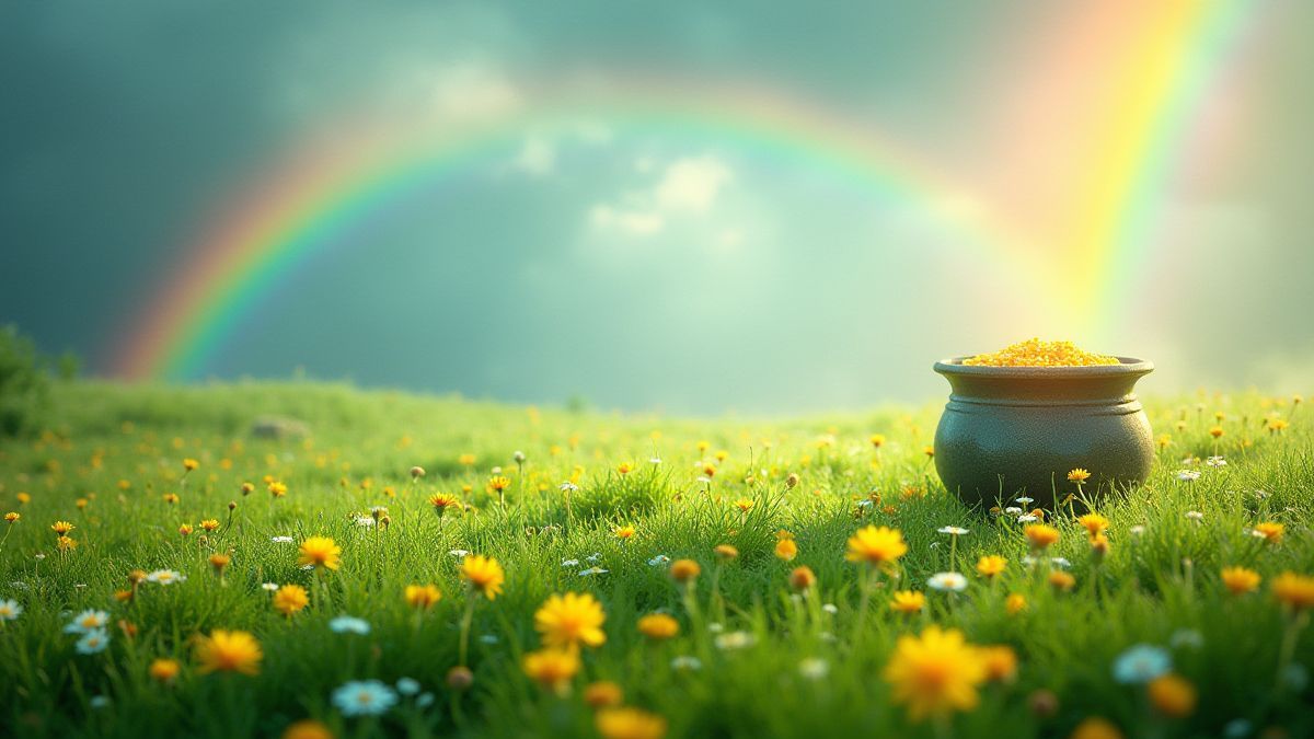 Prairie irlandaise avec un pot d'or sous un arc-en-ciel.