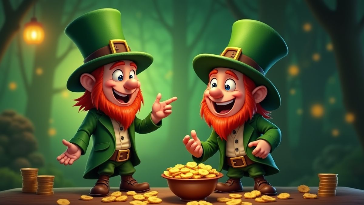 Un leprechaun enseignant aux joueurs comment utiliser les fonctions de la machine à sous.