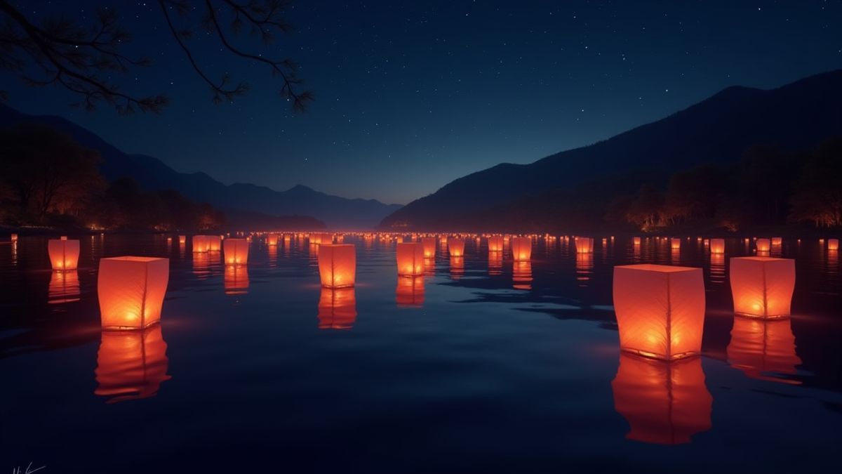 Farolillos chinos flotando sobre un lago tranquilo durante la noche.