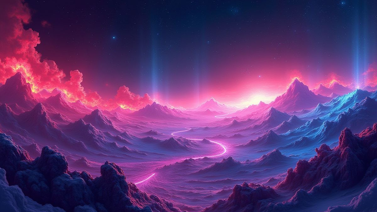Paisaje futurista con luces de neón girando en el espacio.
