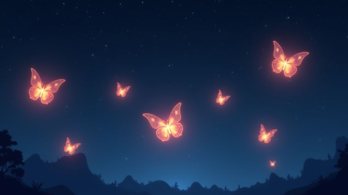 Animación de mariposas luminosas volando en una noche estrellada.