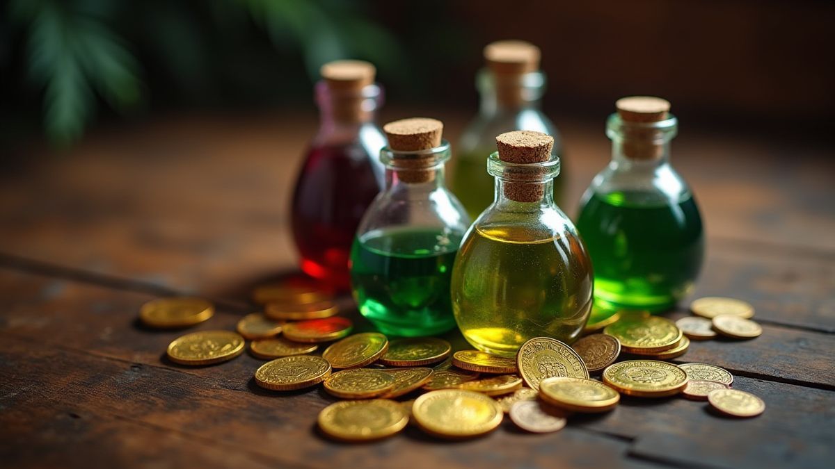 Magische toverdrankflessen en gouden munten op een houten tafel.