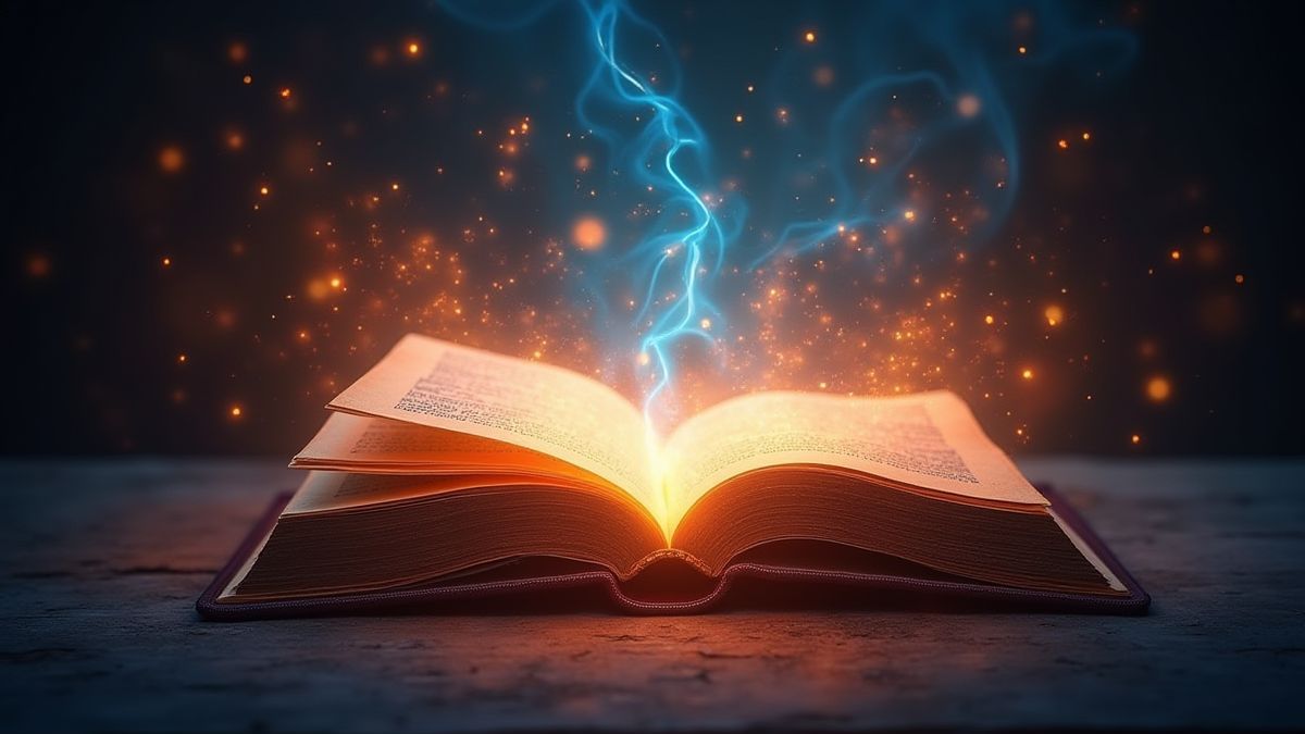 Een stralend magisch boek omringd door mystieke lichten.