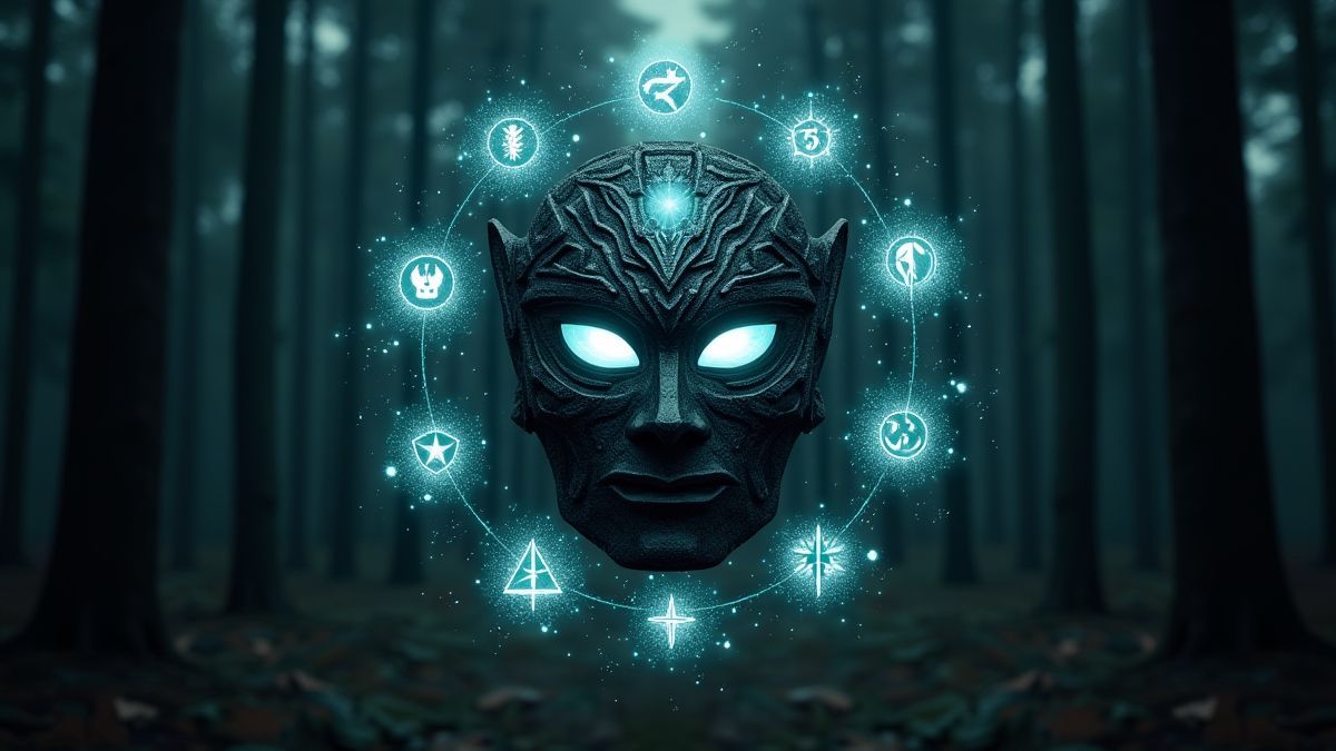 Tribale masker omringd door mystieke symbolen in een donker bos.