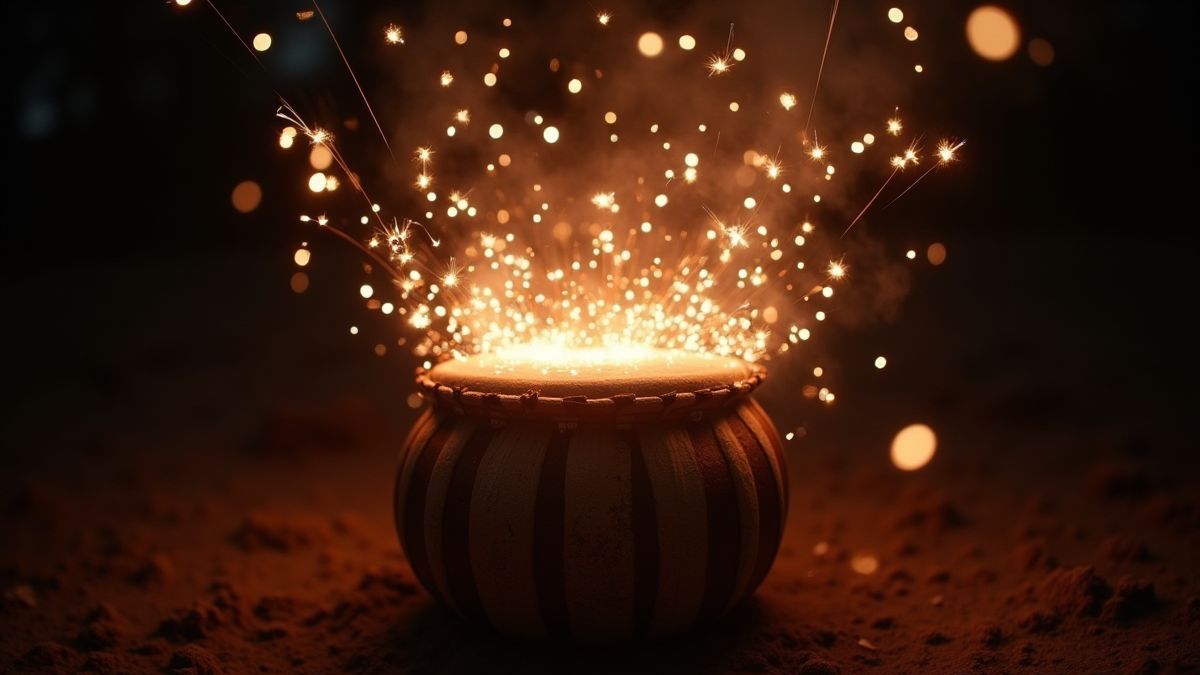 Heldere magische vonken rond een tribale drum in een mystieke omgeving.