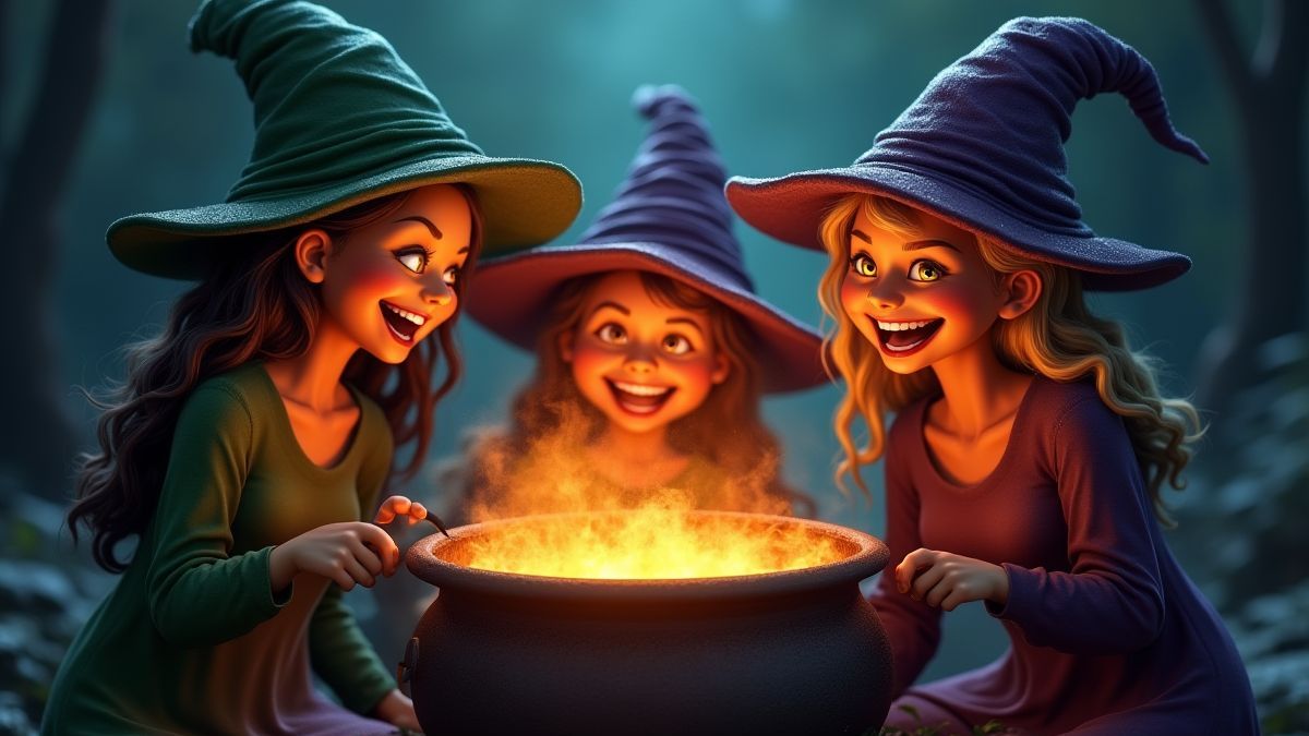 Tres brujas felices preparando pociones mágicas en un caldero brillante.