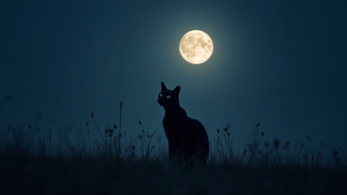 Un gato negro brillante assis sur une prairie illuminée par la lune.